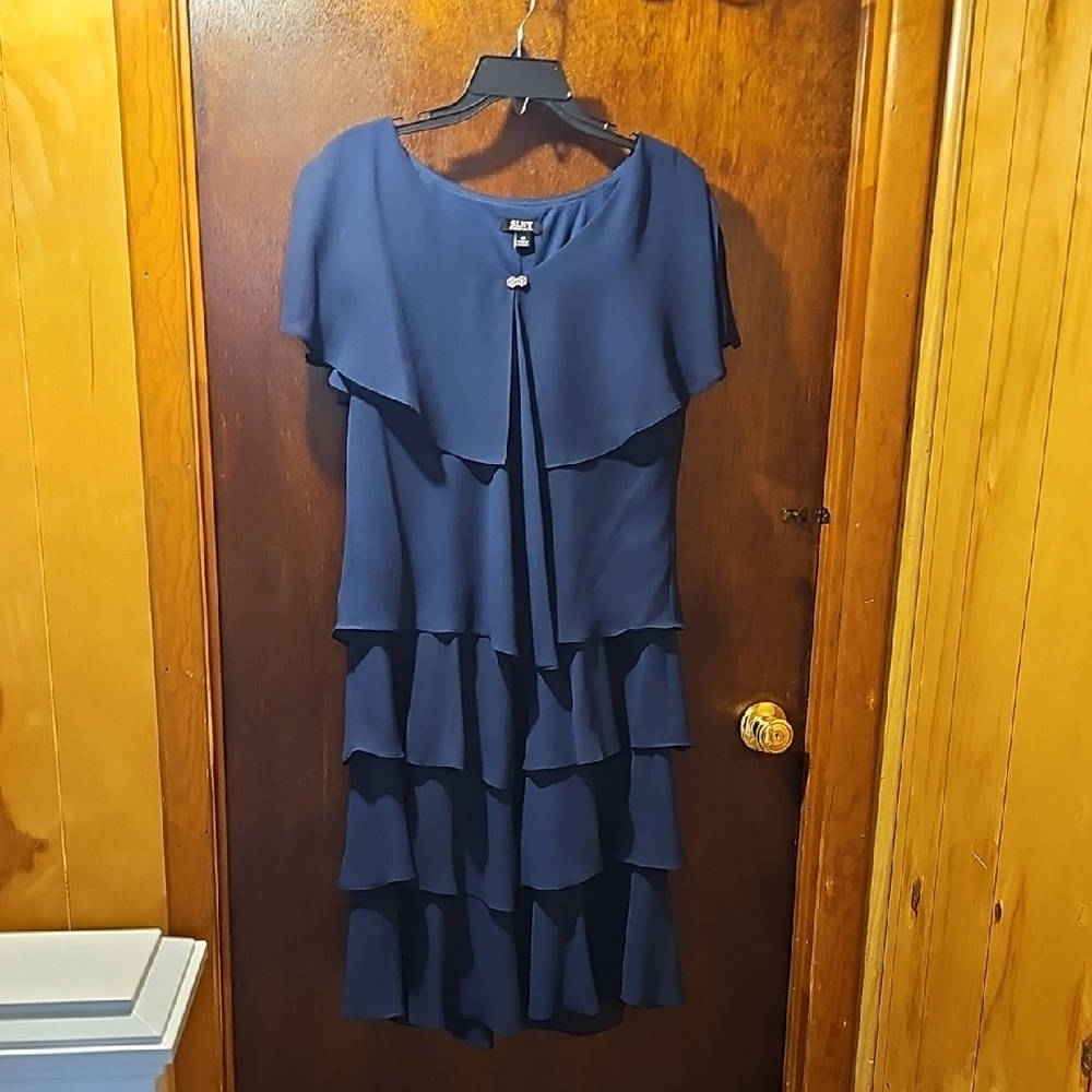 R&M Richards Blue Ruffled Tiered Midi Dress